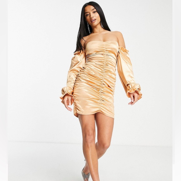 First Distraction The Label Petite bardot mini satin dress in carame - Picture 4 of 9